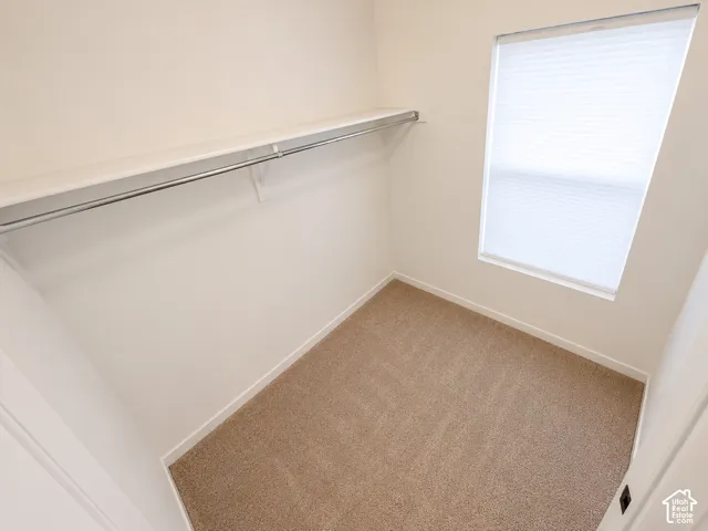 Carpeted closet with built-in shelving and hanging rod, featuring a window with cellular shades