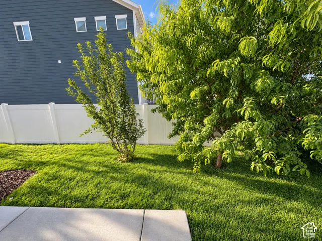 Expansive lawn featuring mature trees, a white privacy fence, and concrete patio