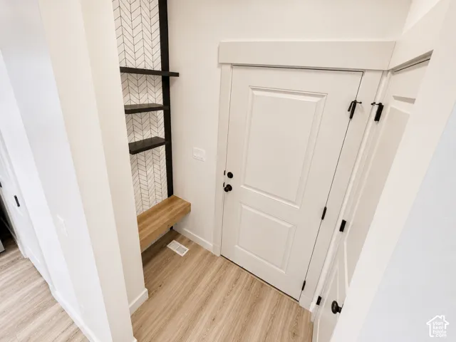 Wood-finish flooring, built-in shelving, chevron-patterned accent wall, and paneled doors with matte black hardware