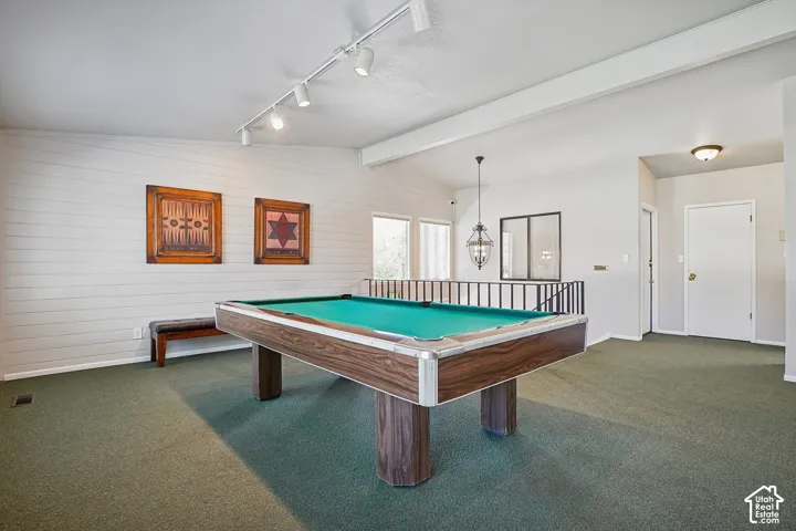 Recreation room featuring a professional-grade pool table with wood-finish base, green felt playing surface, and matching bench seating