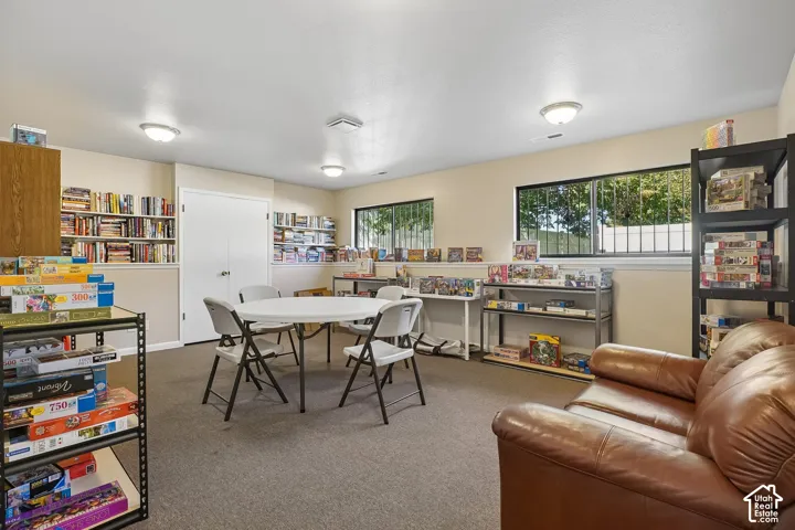 Spacious interior with carpeted flooring, multiple built-in shelving units, and two windows with exterior security bars