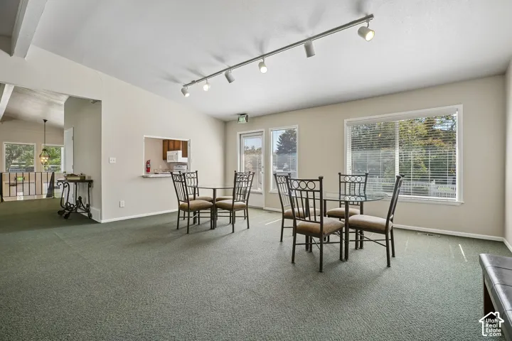 Recessed serving window, track lighting, and multiple windows with blinds