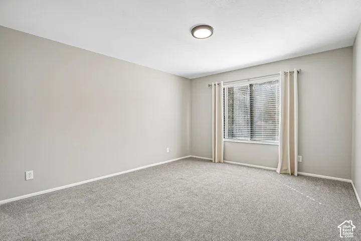 Neutral-toned walls, gray carpet, flush-mount ceiling light fixture, and window with blinds