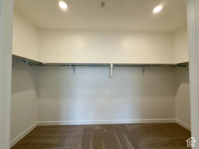 HUGE walk-in closet in primary bedroom with recessed lighting, light-toned walls, and brown carpet flooring