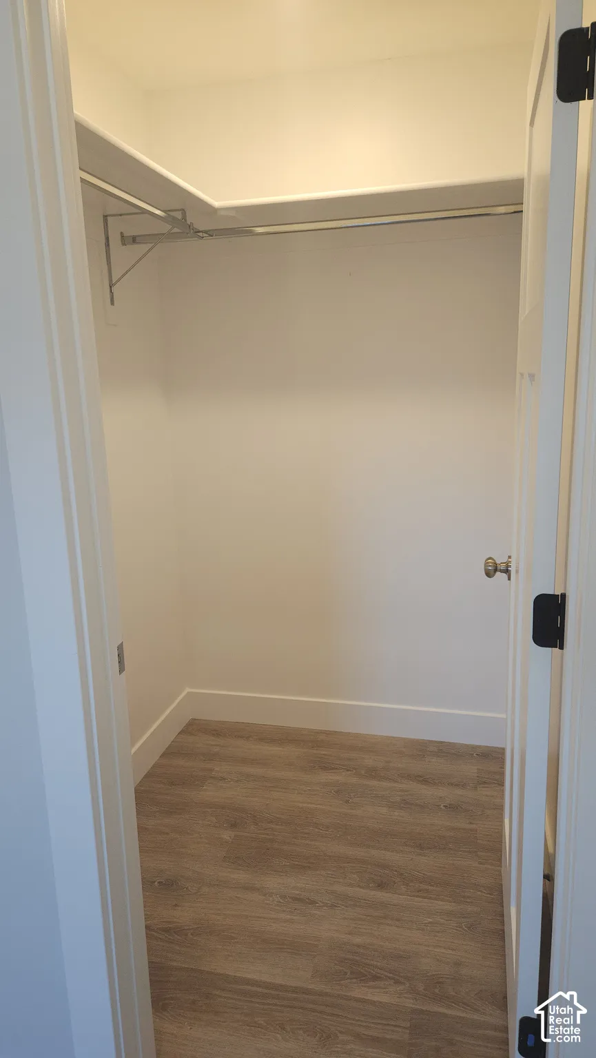 Walk-in closet with wood-finish flooring, white walls, and built-in shelving with a hanging rod