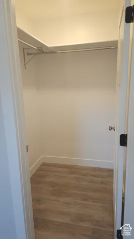 Walk-in closet with wood-finish flooring, white walls, and built-in shelving with a hanging rod