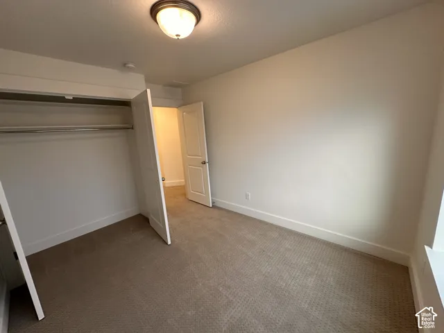 Light-toned carpeted flooring, white interior doors, and a built-in closet with hanging rods