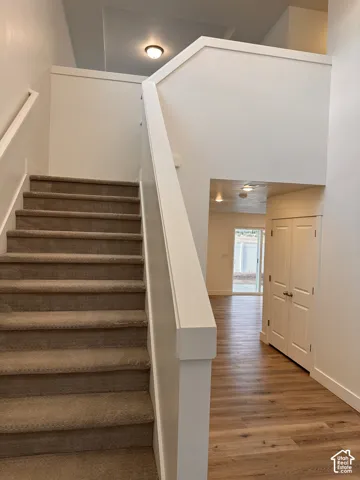 Carpeted staircase with white balustrade, wood-finish flooring, and white bifold doors