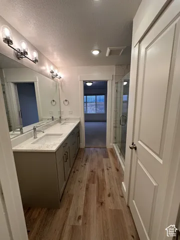 Dual vanity with stone-finish countertop, wood-finish flooring, glass-enclosed shower, recessed lighting, and modern fixtures