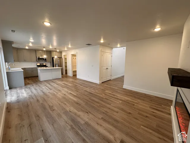 Wood-finish flooring, recessed lighting, kitchen island, built-in electric fireplace, and stainless steel appliances