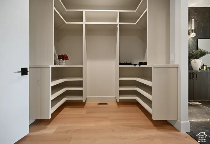 Primary walk in closet with access to mudroom