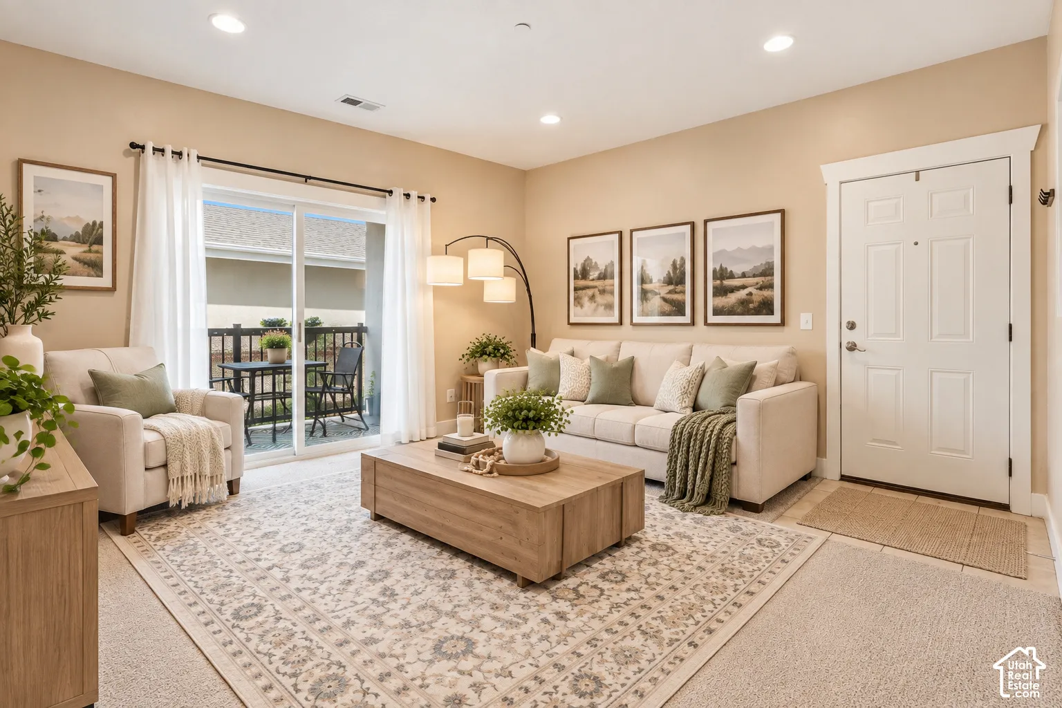 Recessed ceiling lighting illuminates the living space