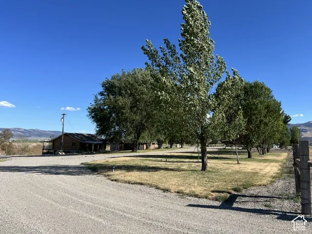 Gravel driveway leading to a log cabin structure with a covered porch and extended deck