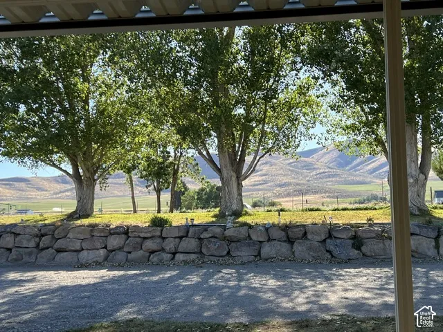 Mature trees, stone retaining wall, gravel foreground, and distant mountains