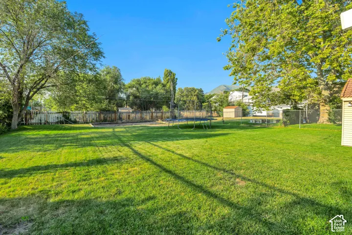 Expansive backyard with mature shade trees, manicured lawn, and fenced perimeter