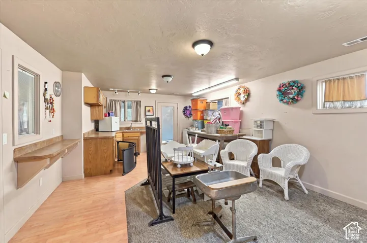 Wood-finish flooring, built-in shelving, track lighting, and a utility sink