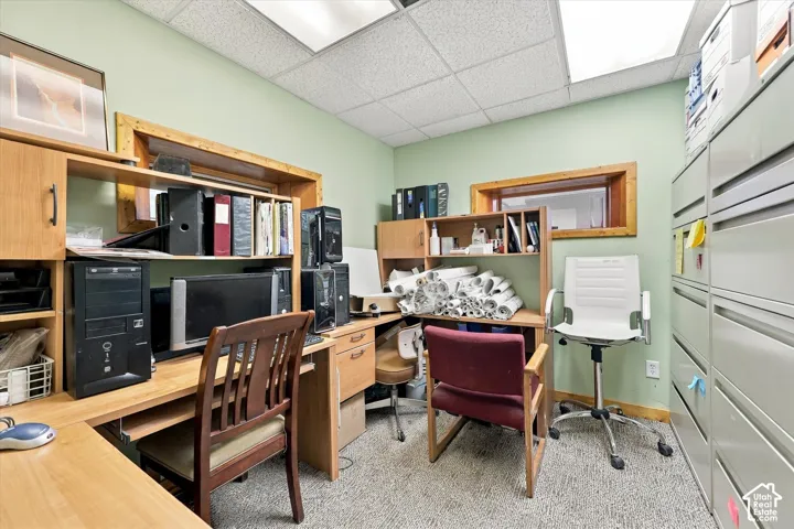 Recessed lighting and ceiling tiles illuminate the space, featuring built-in wooden shelving, a built-in wooden desk, and green painted walls