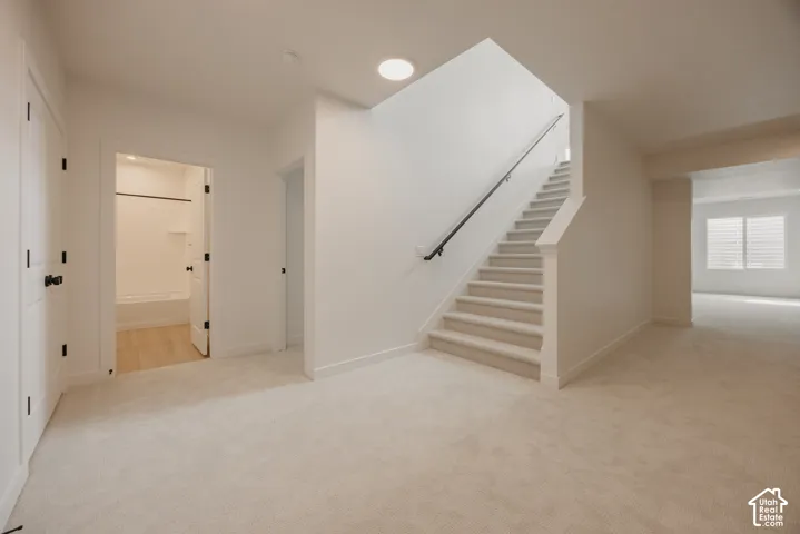 Staircase with carpeted treads and a black handrail