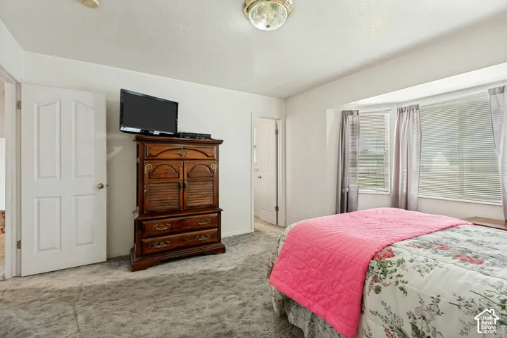 Neutral wall paint, ceiling-mounted light fixture, white interior doors, and a bay window