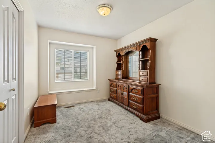 Neutral wall paint, patterned carpet flooring, and a ceiling-mounted light fixture