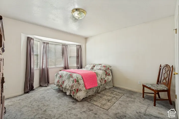 Bay window with multiple window panes, wall-to-wall carpeting, and a flush mount ceiling light fixture