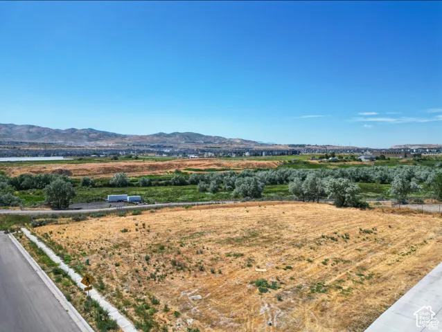Expansive undeveloped land featuring a clear sky, distant mountains, and a visible body of water