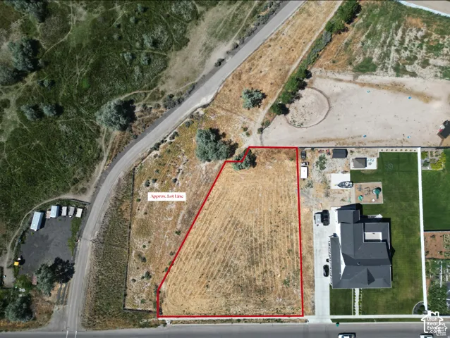 Expansive raw land parcel with distinct lot lines, bordered by a paved road and natural terrain