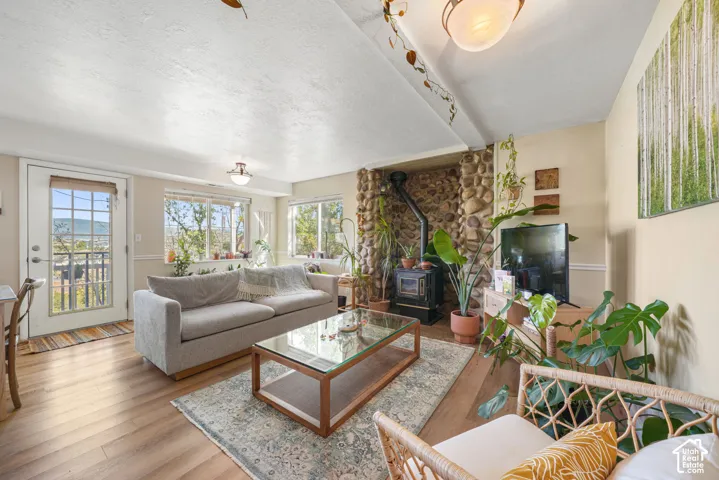 Wood-finish flooring, multiple windows, stone-clad fireplace with wood stove, and an exterior door with glass panels