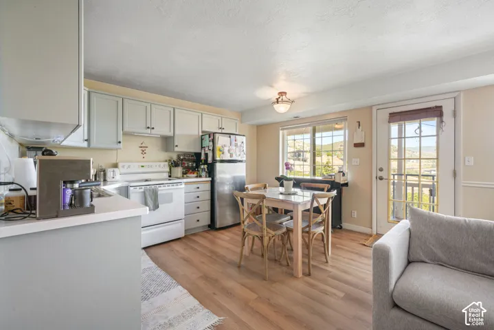 Kitchen with wood-finish flooring, light-toned cabinetry, and stainless steel appliances
