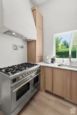 Stainless steel gas range with gold-tone hardware, custom range hood, wood-finish flooring, light wood cabinetry, and a single basin sink with a wall-mounted faucet