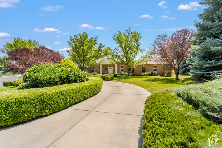 Brick exterior with a covered entry, column accents, and a curved driveway with manicured landscaping