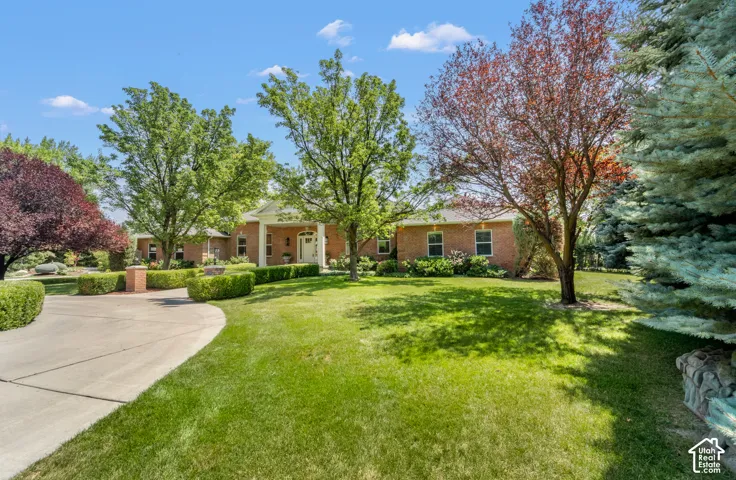 Brick exterior with white trim, mature trees, manicured hedges, concrete driveway, and a columned front entry