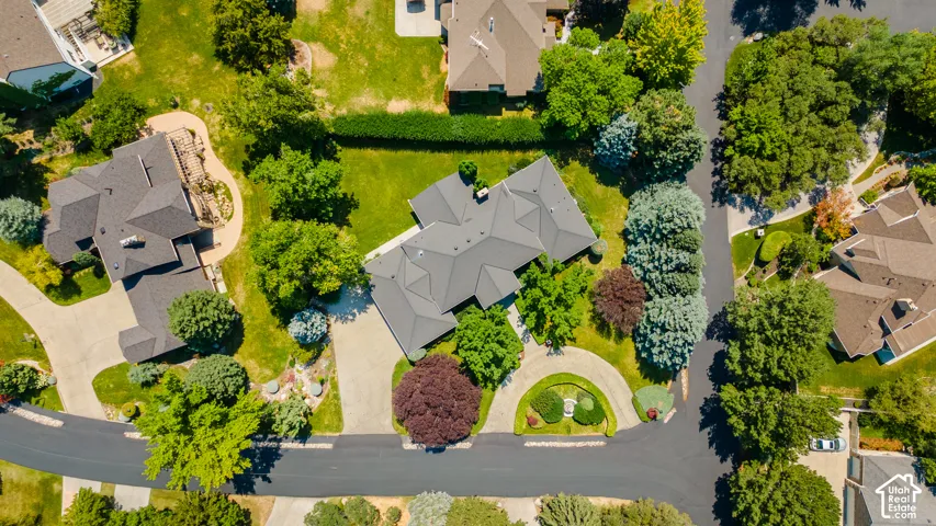 Paved circular driveway with mature landscaping, multiple roof lines, and a spacious backyard
