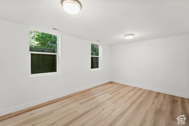 Room featuring light wood-finish flooring, white walls, two windows, and two flush-mount ceiling lights