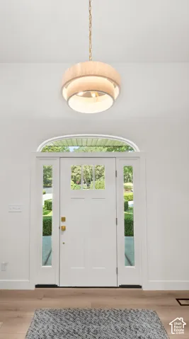 Arched transom window above a white entry door with sidelights, featuring bright brass hardware