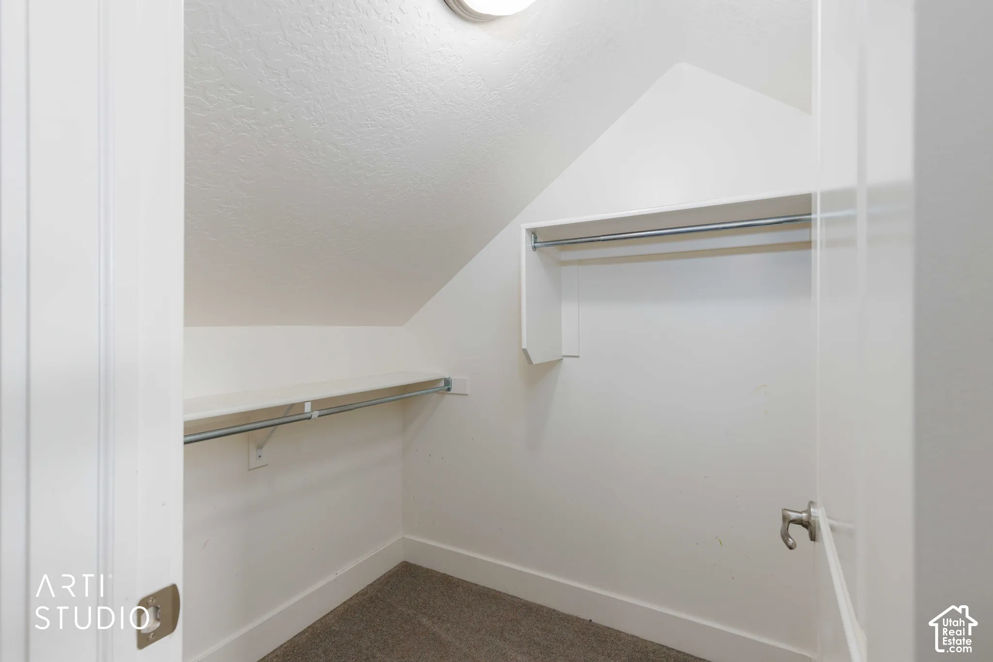 Angled ceiling, recessed lighting, wall-mounted hanging rods, built-in shelving, and carpeting