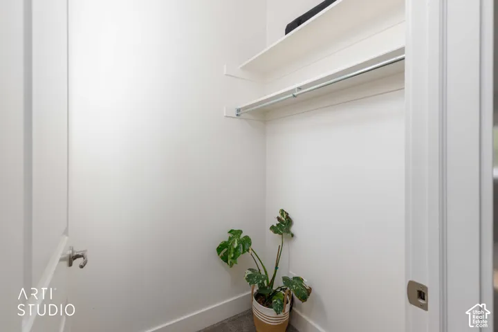 White painted walls, built-in shelving, hanging rod, neutral-toned carpeting, and a white interior door