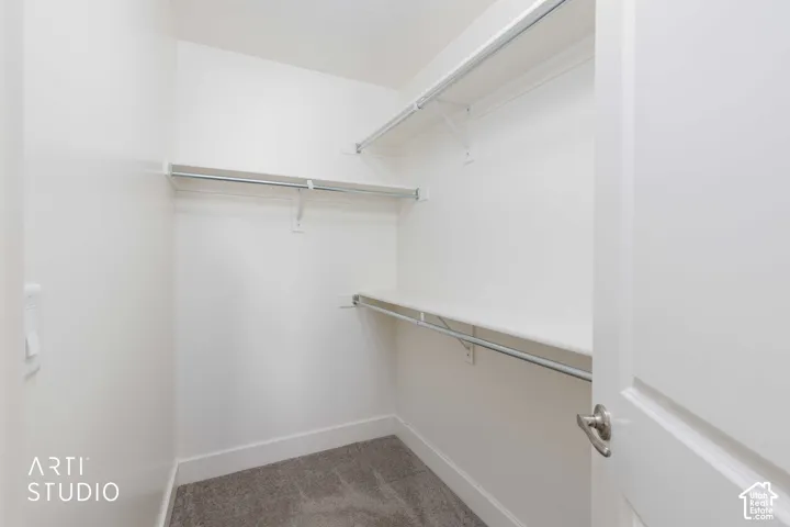Walk-in closet with white walls, gray carpet, and multiple shelving units
