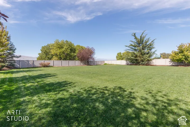 Expansive lawn with mature trees and a perimeter privacy fence
