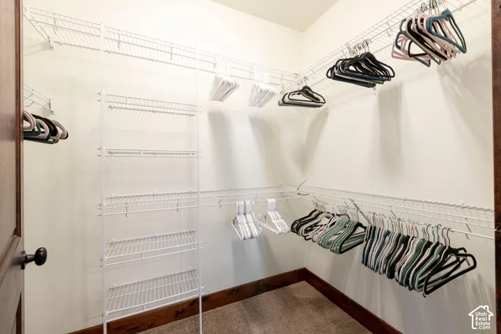 Walk-in closet featuring wire shelving, multiple hanging rods, and a carpeted floor