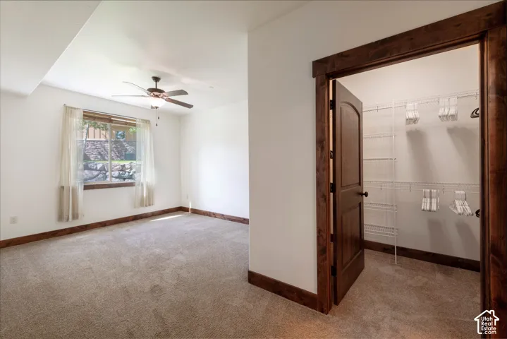 Carpeted room featuring a ceiling fan, a window, and a wood-trimmed doorway opening to a closet with wire shelving