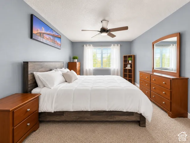 Carpeted bedroom featuring a ceiling fan, a window with natural light, and ample space