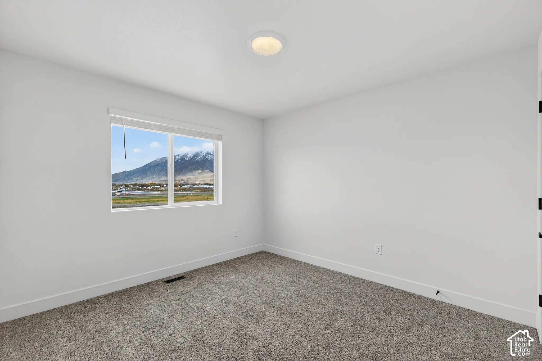 Neutral wall color, window with mountain scenery, flush-mount ceiling light, and gray carpeting