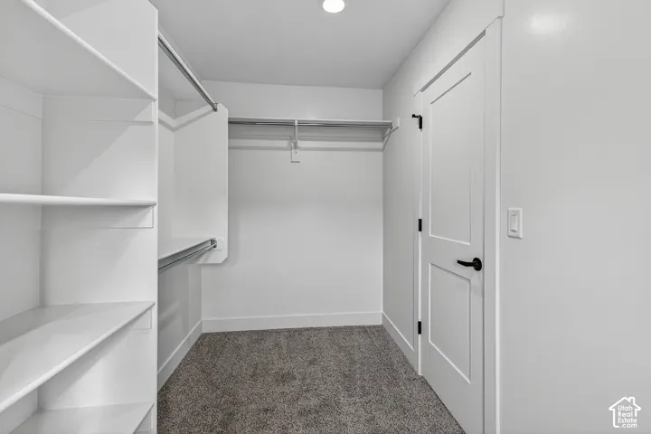 Walk-in closet featuring white built-in shelving, chrome hanging rods, and gray carpet flooring