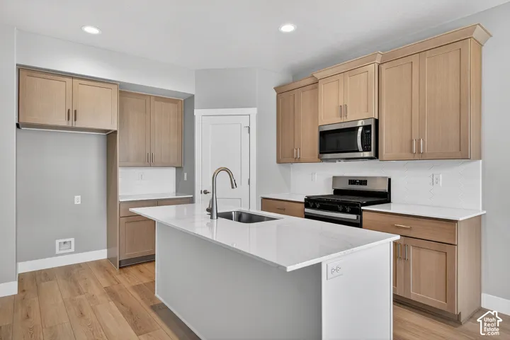 Kitchen featuring wood-finish flooring, light wood cabinetry, white countertops, stainless steel appliances, and a central island with an integrated sink