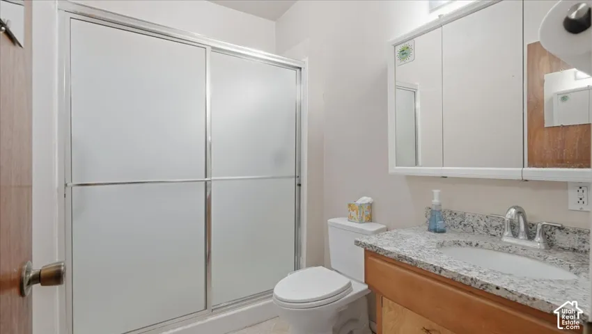 Frosted glass shower enclosure, wood-finish vanity with an undermount sink, stone-finish countertop, and wall-mounted medicine cabinet