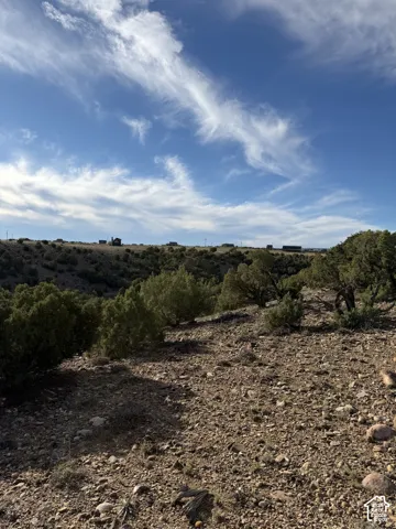 Hilly terrain with scattered evergreen shrubs and distant structures under a clear sky