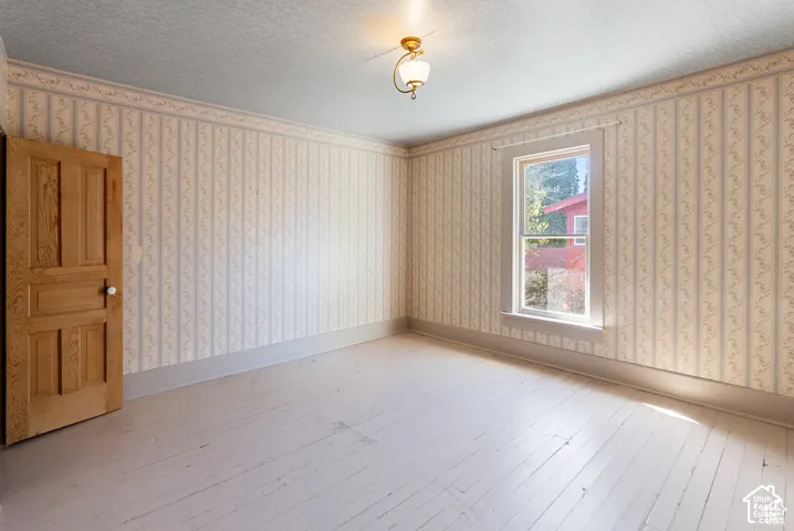 Room featuring a single-panel wood door, striped wallpaper with a decorative border, a single window, wood-finish flooring, and an overhead light fixture