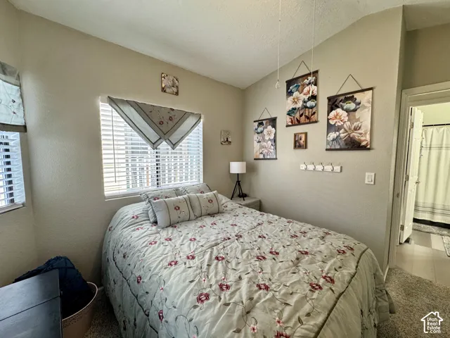 Window with blinds, textured walls, overhead lighting, and carpeted flooring