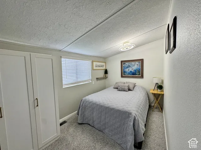 Wall-to-wall carpeting with built-in cabinetry, overhead lighting, and a window with blinds